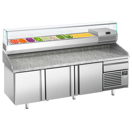 GGM Gastro Commercial Pizza Prep Counter - Granite Top PREMIUM PLUS - 2305x800mm - with 3 doors & 1 drawers - incl. refrigerated topping unit with glass sneeze guard - 10x GN 1/3