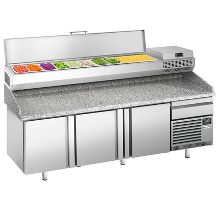 GGM Gastro Commercial Pizza Prep Counter - Granite Top PREMIUM PLUS - 2305x800mm - with 3 doors & 1 drawers - incl. refrigerated topping unit - 10x GN 1/3