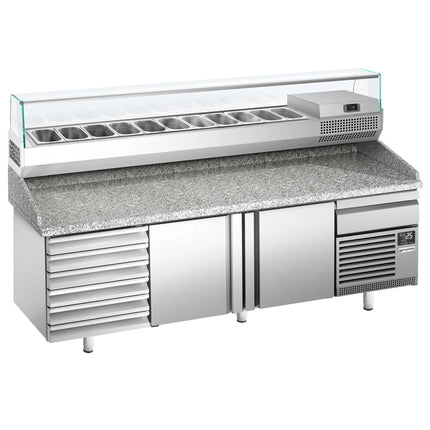 GGM Gastro Commercial Pizza Prep Counter - Granite Top PREMIUM PLUS - 2305x800mm - with 2 doors & 7 drawers - incl. refrigerated topping unit with glass sneeze guard - 11x GN 1/4