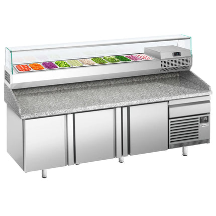 GGM Gastro Commercial Pizza Prep Counter - Granite Top PREMIUM PLUS - 2305x800mm - with 3 doors & 1 drawers - incl. refrigerated topping unit with glass sneeze guard - 11x GN 1/4
