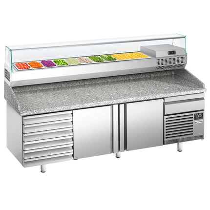 GGM Gastro Commercial Pizza Prep Counter - Granite Top PREMIUM PLUS - 2305x800mm - with 2 doors & 7 drawers - incl. refrigerated topping unit with glass sneeze guard - 10x GN 1/3