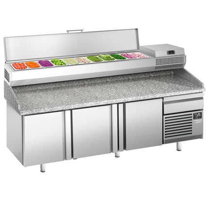 GGM Gastro Commercial Pizza Prep Counter - Granite Top PREMIUM PLUS - 2305x800mm - with 3 doors - incl. refrigerated topping unit - 11x GN 1/4