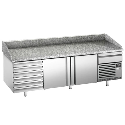 GGM Gastro Commercial Pizza Prep Counter - Granite Top PREMIUM PLUS - 2305x800mm - with 2 doors & 7 drawers