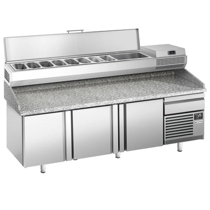GGM Gastro Commercial Pizza Prep Counter - Granite Top PREMIUM PLUS - 2305x800mm - with 3 doors & 1 drawers - incl. refrigerated topping unit - 10x GN 1/3