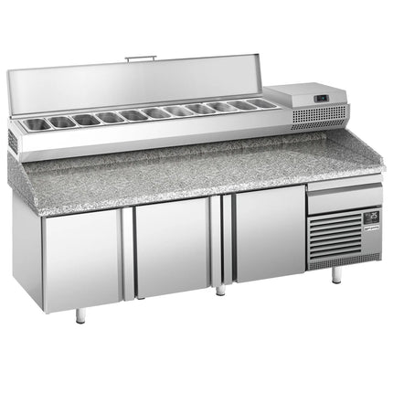 GGM Gastro Commercial Pizza Prep Counter - Granite Top PREMIUM PLUS - 2305x800mm - with 3 doors - incl. refrigerated topping unit - 11x GN 1/4