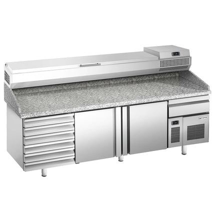 GGM Gastro Commercial Pizza Prep Counter - Granite Top PREMIUM PLUS - 2305x800mm - with 2 doors & 7 drawers - incl. refrigerated topping unit - 11x GN 1/4