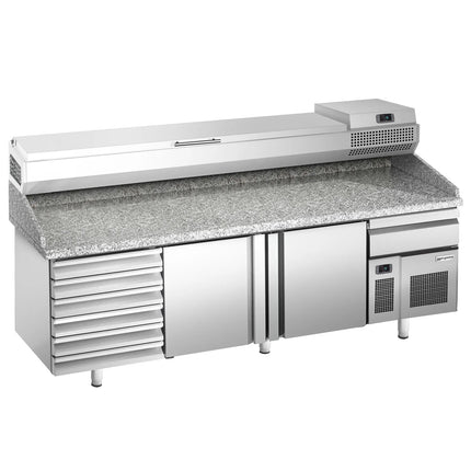 GGM Gastro Commercial Pizza Prep Counter - Granite Top PREMIUM PLUS - 2305x800mm - with 2 doors & 7 drawers - incl. refrigerated topping unit - 10x GN 1/3