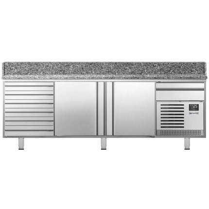 GGM Gastro Commercial Pizza Prep Counter - Granite Top PREMIUM PLUS - 2305x800mm - with 2 doors & 7 drawers