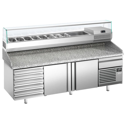 GGM Gastro Commercial Pizza Prep Counter - Granite Top PREMIUM PLUS - 2305x800mm - with 2 doors & 7 drawers - incl. refrigerated topping unit with glass sneeze guard - 10x GN 1/3