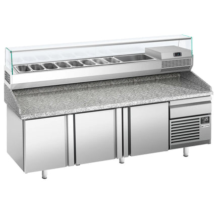 GGM Gastro Commercial Pizza Prep Counter - Granite Top PREMIUM PLUS - 2305x800mm - with 3 doors & 1 drawers - incl. refrigerated topping unit with glass sneeze guard - 10x GN 1/3