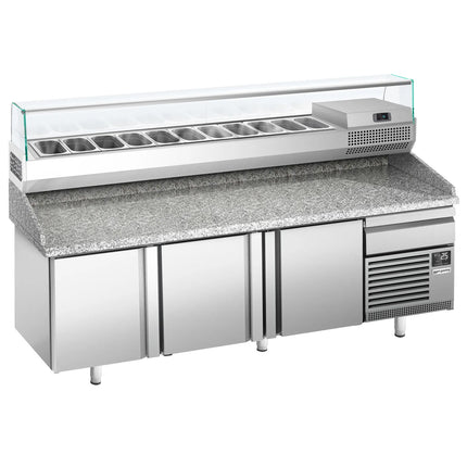 GGM Gastro Commercial Pizza Prep Counter - Granite Top PREMIUM PLUS - 2305x800mm - with 3 doors & 1 drawers - incl. refrigerated topping unit with glass sneeze guard - 11x GN 1/4