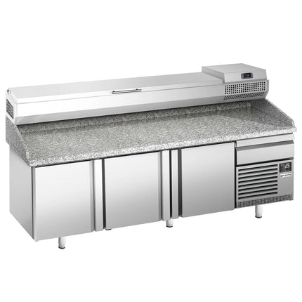 GGM Gastro Commercial Pizza Prep Counter - Granite Top PREMIUM PLUS - 2305x800mm - with 3 doors & 1 drawers - incl. refrigerated topping unit - 10x GN 1/3