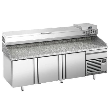 GGM Gastro Commercial Pizza Prep Counter - Granite Top PREMIUM PLUS - 2305x800mm - with 3 doors - incl. refrigerated topping unit - 11x GN 1/4