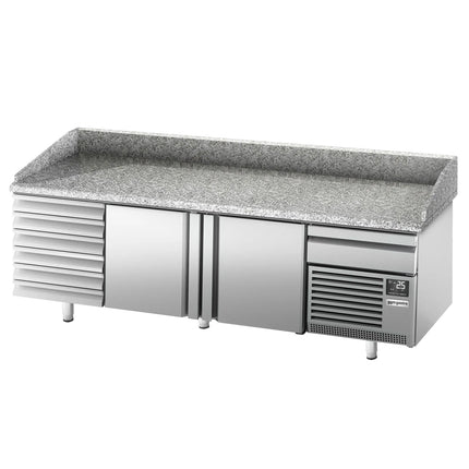 GGM Gastro Commercial Pizza Prep Counter - Granite Top PREMIUM PLUS - 2305x800mm - with 2 doors & 7 drawers