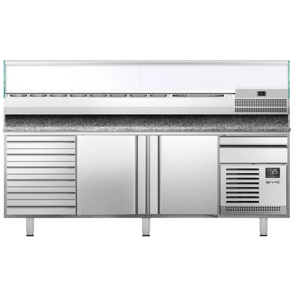 GGM Gastro Commercial Pizza Prep Counter - Granite Top PREMIUM PLUS - 2305x800mm - with 2 doors & 7 drawers - incl. refrigerated topping unit with glass sneeze guard - 11x GN 1/4
