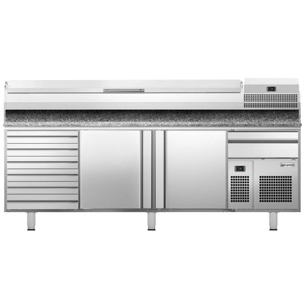 GGM Gastro Commercial Pizza Prep Counter - Granite Top PREMIUM PLUS - 2305x800mm - with 2 doors & 7 drawers - incl. refrigerated topping unit - 10x GN 1/3