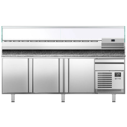 GGM Gastro Commercial Pizza Prep Counter - Granite Top PREMIUM PLUS - 2305x800mm - with 3 doors & 1 drawers - incl. refrigerated topping unit with glass sneeze guard - 11x GN 1/4