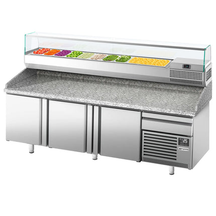 GGM Gastro Commercial Pizza Prep Counter - Granite Top PREMIUM PLUS - 2305x800mm - with 3 doors & 1 drawers - incl. refrigerated topping unit with glass sneeze guard - 10x GN 1/3