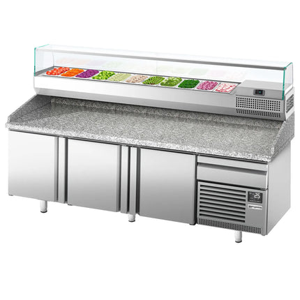 GGM Gastro Commercial Pizza Prep Counter - Granite Top PREMIUM PLUS - 2305x800mm - with 3 doors & 1 drawers - incl. refrigerated topping unit with glass sneeze guard - 11x GN 1/4