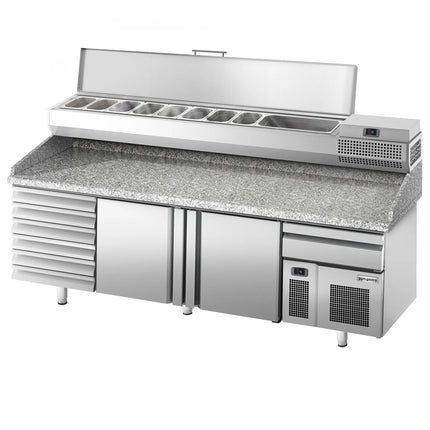 GGM Gastro Commercial Pizza Prep Counter - Granite Top PREMIUM PLUS - 2305x800mm - with 2 doors & 7 drawers - incl. refrigerated topping unit - 10x GN 1/3