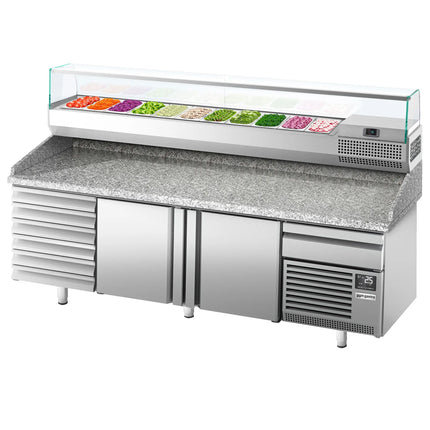 GGM Gastro Commercial Pizza Prep Counter - Granite Top PREMIUM PLUS - 2305x800mm - with 2 doors & 7 drawers - incl. refrigerated topping unit with glass sneeze guard - 11x GN 1/4