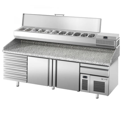 GGM Gastro Commercial Pizza Prep Counter - Granite Top PREMIUM PLUS - 2305x800mm - with 2 doors & 7 drawers - incl. refrigerated topping unit - 11x GN 1/4