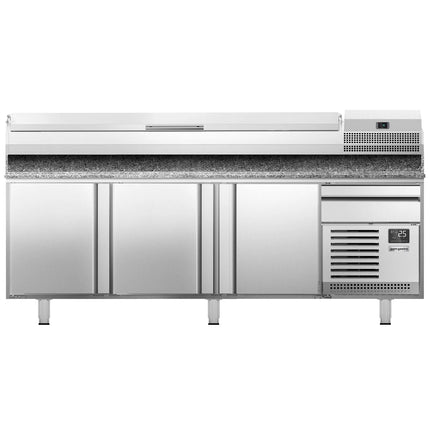 GGM Gastro Commercial Pizza Prep Counter - Granite Top PREMIUM PLUS - 2305x800mm - with 3 doors & 1 drawers - incl. refrigerated topping unit - 10x GN 1/3