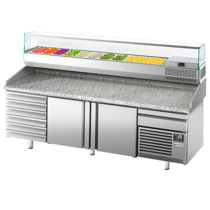 GGM Gastro Commercial Pizza Prep Counter - Granite Top PREMIUM PLUS - 2305x800mm - with 2 doors & 7 drawers - incl. refrigerated topping unit with glass sneeze guard - 10x GN 1/3