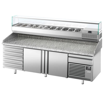 GGM Gastro Commercial Pizza Prep Counter - Granite Top PREMIUM PLUS - 2305x800mm - with 2 doors & 7 drawers - incl. refrigerated topping unit with glass sneeze guard - 11x GN 1/4