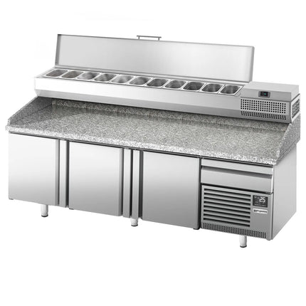 GGM Gastro Commercial Pizza Prep Counter - Granite Top PREMIUM PLUS - 2305x800mm - with 3 doors - incl. refrigerated topping unit - 11x GN 1/4