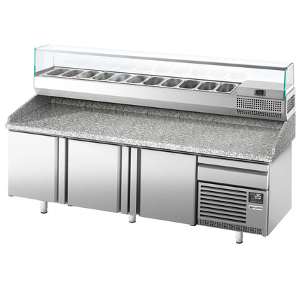 GGM Gastro Commercial Pizza Prep Counter - Granite Top PREMIUM PLUS - 2305x800mm - with 3 doors & 1 drawers - incl. refrigerated topping unit with glass sneeze guard - 11x GN 1/4