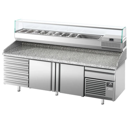 GGM Gastro Commercial Pizza Prep Counter - Granite Top PREMIUM PLUS - 2305x800mm - with 2 doors & 7 drawers - incl. refrigerated topping unit with glass sneeze guard - 10x GN 1/3