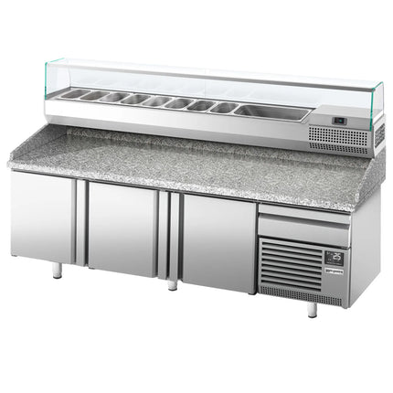 GGM Gastro Commercial Pizza Prep Counter - Granite Top PREMIUM PLUS - 2305x800mm - with 3 doors & 1 drawers - incl. refrigerated topping unit with glass sneeze guard - 10x GN 1/3