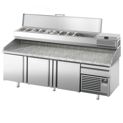 GGM Gastro Commercial Pizza Prep Counter - Granite Top PREMIUM PLUS - 2305x800mm - with 3 doors & 1 drawers - incl. refrigerated topping unit - 10x GN 1/3