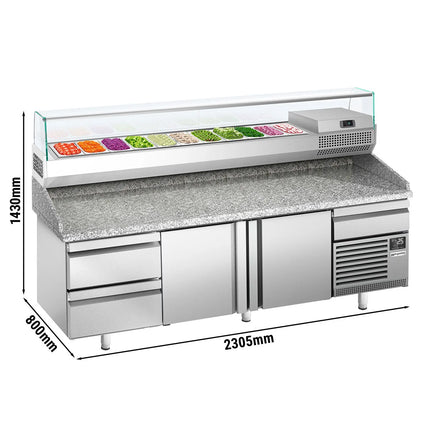 GGM Gastro Commercial Pizza Prep Counter - Granite Top PREMIUM PLUS - 3305x800mm - with 3 doors & 3 drawers - incl. refrigerated topping unit with glass sneeze guard - 11x GN 1/4