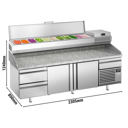 GGM Gastro Commercial Pizza Prep Counter - Granite Top PREMIUM PLUS - 3305x800mm - with 3 doors & 3 drawers - incl. refrigerated topping unit - 11x GN 1/4