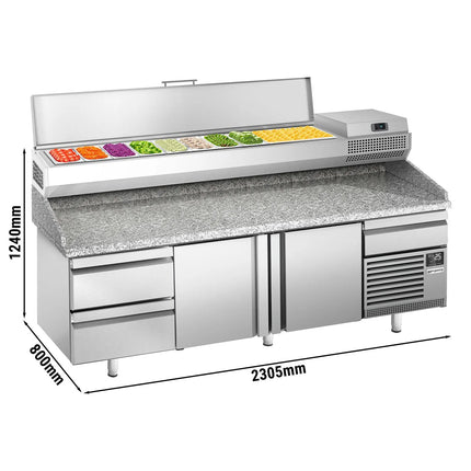 GGM Gastro Commercial Pizza Prep Counter - Granite Top PREMIUM PLUS - 3305x800mm - with 3 doors & 3 drawers - incl. refrigerated topping unit - 10x GN 1/3