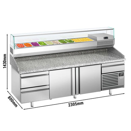 GGM Gastro Commercial Pizza Prep Counter - Granite Top PREMIUM PLUS - 3305x800mm - with 3 doors & 3 drawers - incl. refrigerated topping unit with glass sneeze guard - 10x GN 1/3