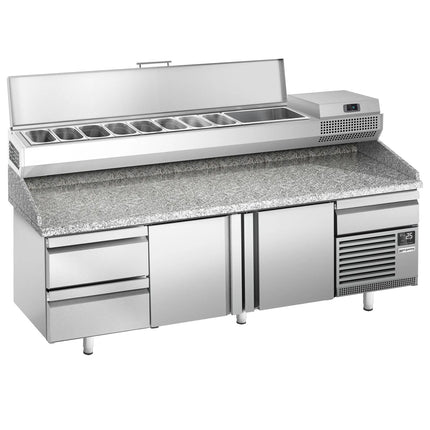 GGM Gastro Commercial Pizza Prep Counter - Granite Top PREMIUM PLUS - 3305x800mm - with 3 doors & 3 drawers - incl. refrigerated topping unit - 10x GN 1/3