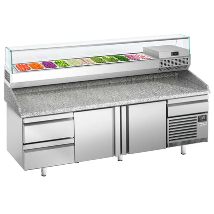 GGM Gastro Commercial Pizza Prep Counter - Granite Top PREMIUM PLUS - 3305x800mm - with 3 doors & 3 drawers - incl. refrigerated topping unit with glass sneeze guard - 11x GN 1/4