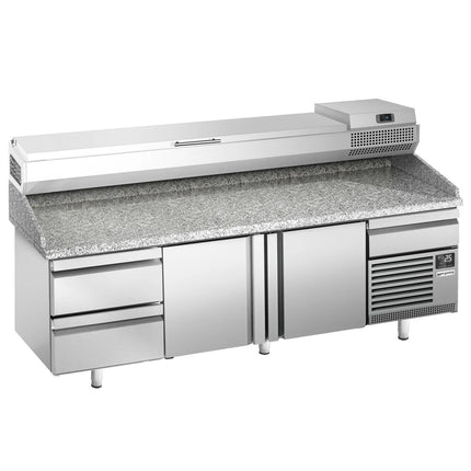 GGM Gastro Commercial Pizza Prep Counter - Granite Top PREMIUM PLUS - 3305x800mm - with 3 doors & 3 drawers - incl. refrigerated topping unit - 11x GN 1/4