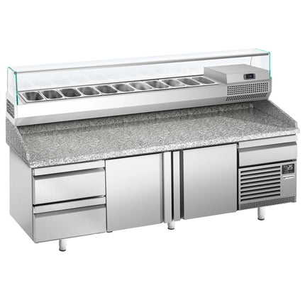 GGM Gastro Commercial Pizza Prep Counter - Granite Top PREMIUM PLUS - 3305x800mm - with 3 doors & 3 drawers - incl. refrigerated topping unit with glass sneeze guard - 11x GN 1/4