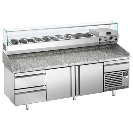GGM Gastro Commercial Pizza Prep Counter - Granite Top PREMIUM PLUS - 3305x800mm - with 3 doors & 3 drawers - incl. refrigerated topping unit with glass sneeze guard - 10x GN 1/3