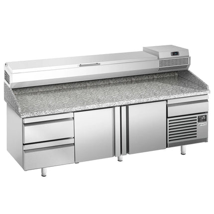 GGM Gastro Commercial Pizza Prep Counter - Granite Top PREMIUM PLUS - 3305x800mm - with 3 doors & 3 drawers - incl. refrigerated topping unit - 10x GN 1/3