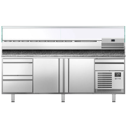 GGM Gastro Commercial Pizza Prep Counter - Granite Top PREMIUM PLUS - 3305x800mm - with 3 doors & 3 drawers - incl. refrigerated topping unit with glass sneeze guard - 10x GN 1/3