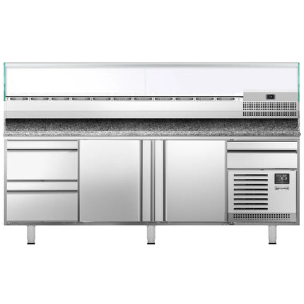 GGM Gastro Commercial Pizza Prep Counter - Granite Top PREMIUM PLUS - 3305x800mm - with 3 doors & 3 drawers - incl. refrigerated topping unit with glass sneeze guard - 11x GN 1/4