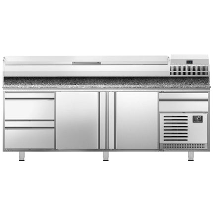 GGM Gastro Commercial Pizza Prep Counter - Granite Top PREMIUM PLUS - 3305x800mm - with 3 doors & 3 drawers - incl. refrigerated topping unit - 10x GN 1/3