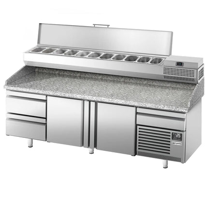 GGM Gastro Commercial Pizza Prep Counter - Granite Top PREMIUM PLUS - 3305x800mm - with 3 doors & 3 drawers - incl. refrigerated topping unit - 11x GN 1/4