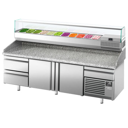 GGM Gastro Commercial Pizza Prep Counter - Granite Top PREMIUM PLUS - 3305x800mm - with 3 doors & 3 drawers - incl. refrigerated topping unit with glass sneeze guard - 11x GN 1/4