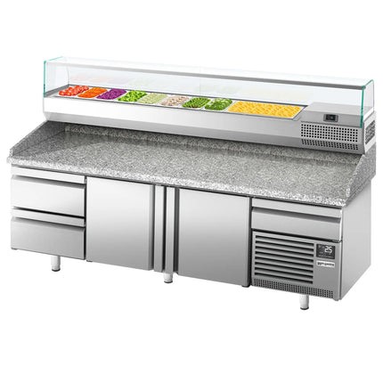 GGM Gastro Commercial Pizza Prep Counter - Granite Top PREMIUM PLUS - 3305x800mm - with 3 doors & 3 drawers - incl. refrigerated topping unit with glass sneeze guard - 10x GN 1/3